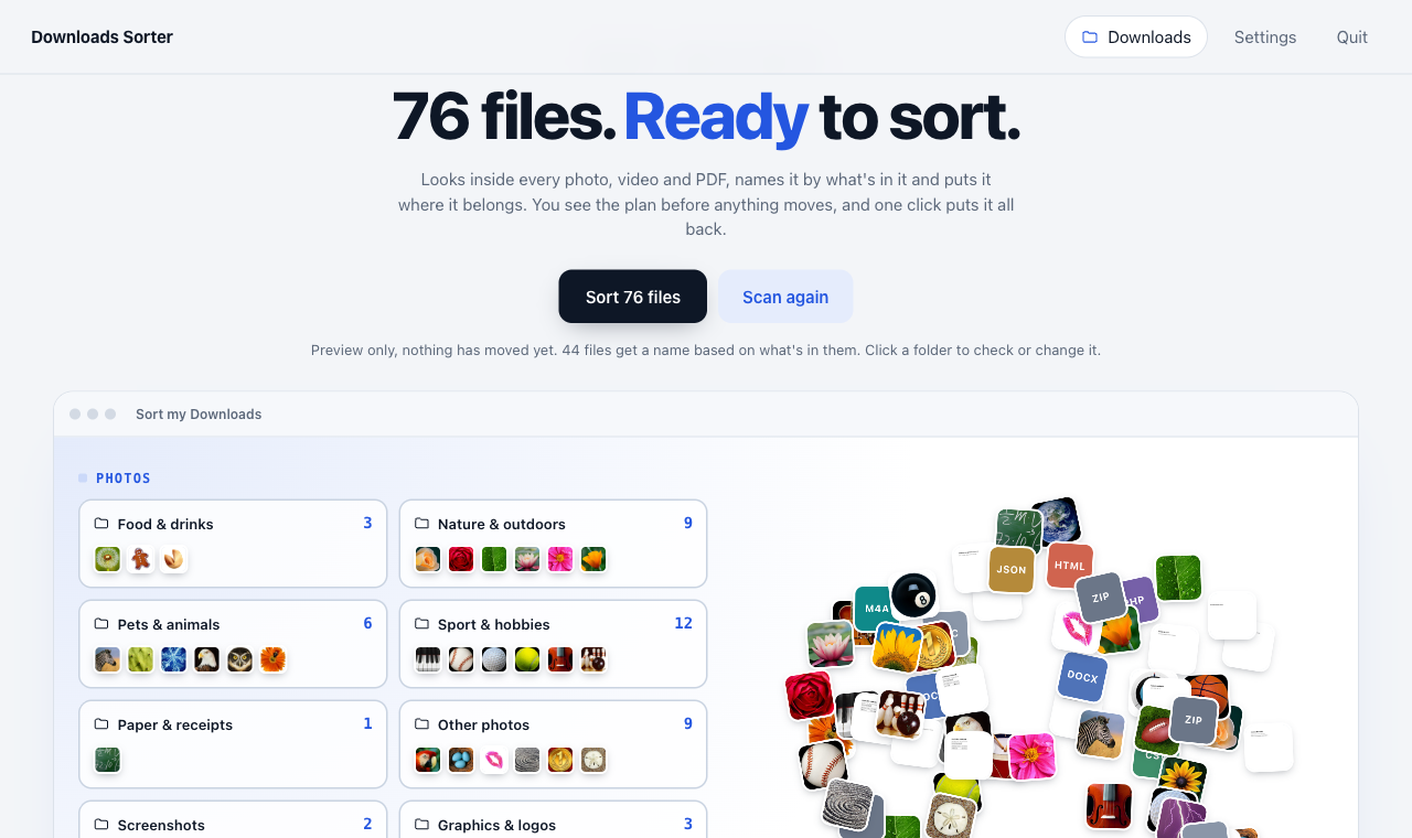 Downloads Sorter preview showing folder cards with file counts and thumbnails next to a pile of unsorted files