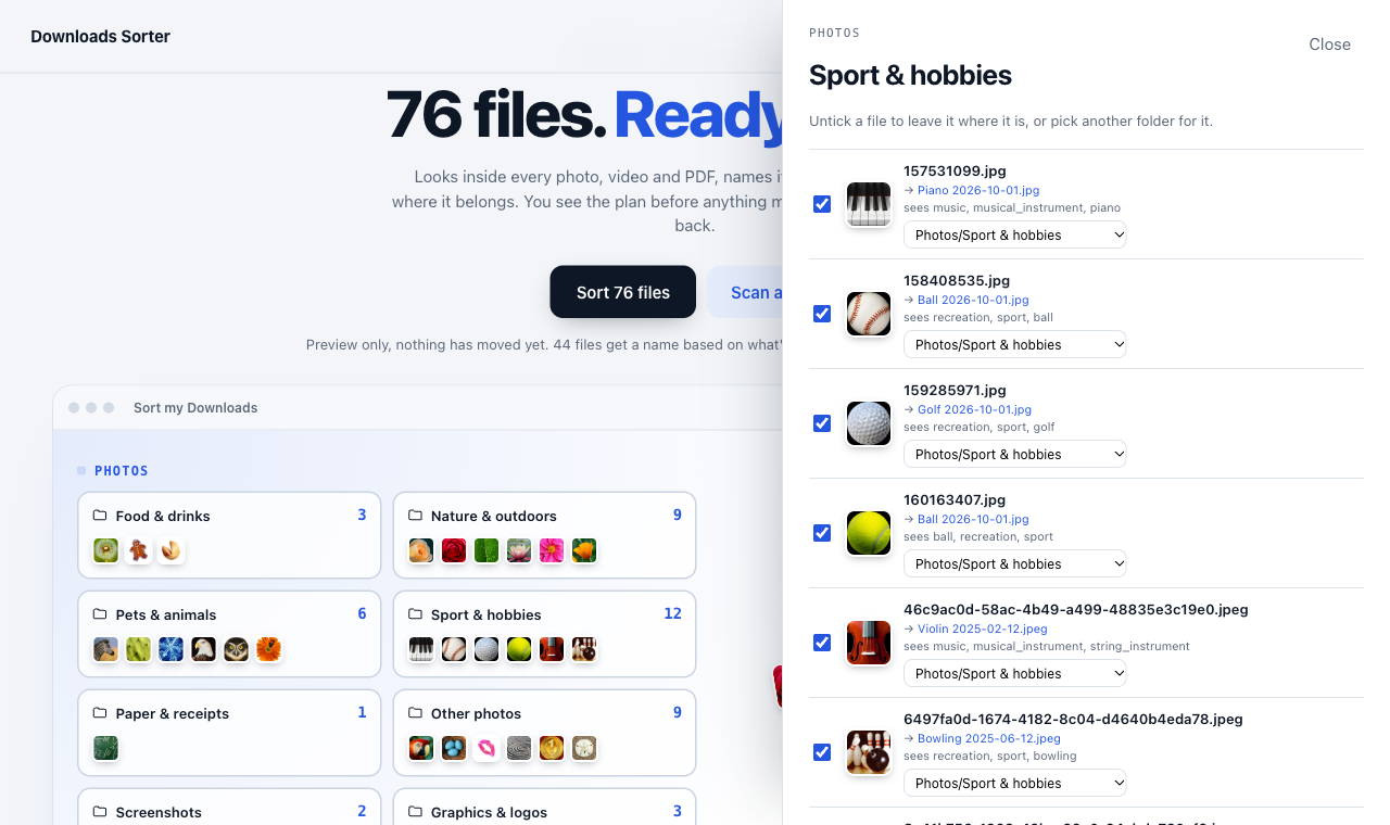 Review drawer listing each file with its proposed new name, what Vision saw and a folder picker