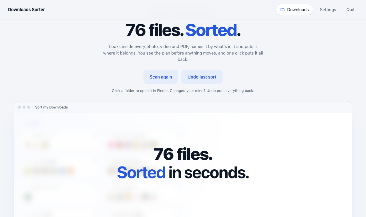 Downloads Sorter after sorting, showing 76 files sorted in seconds with an Undo button